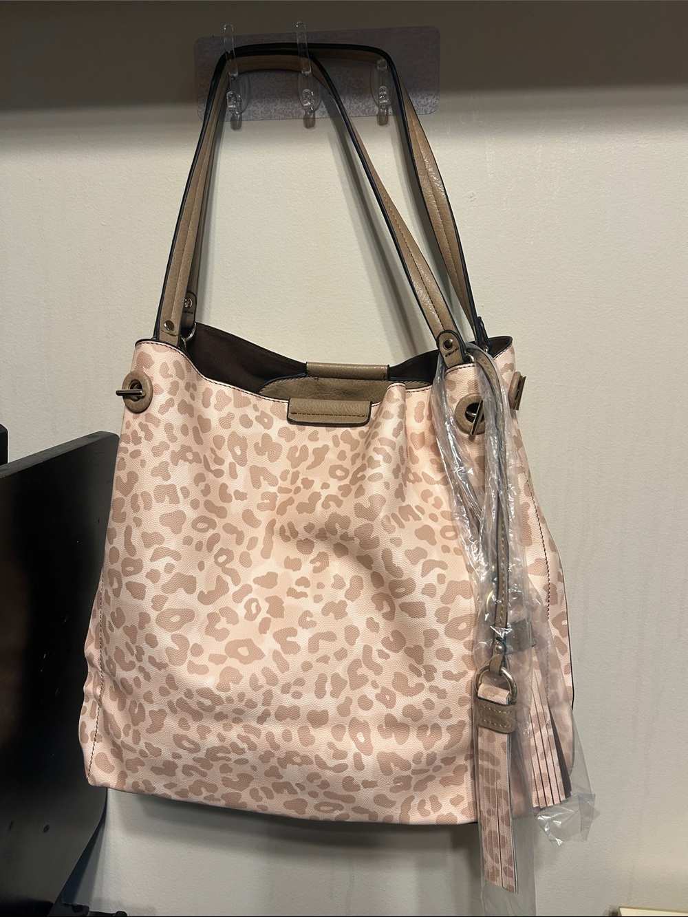Large Taupe Leopard Print Shoulder Bag with Tassel